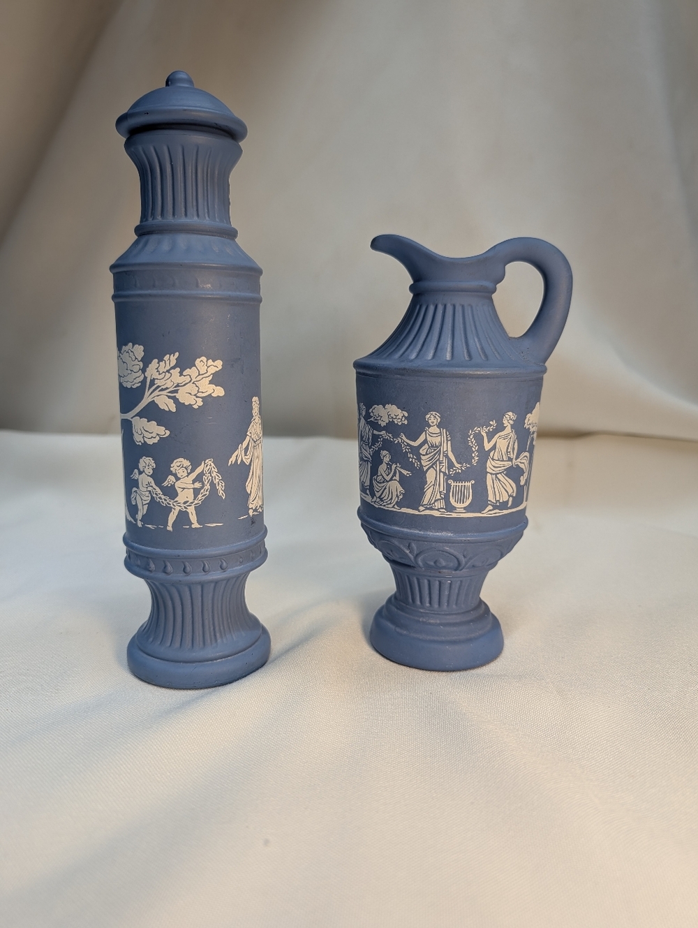 greek chic due | soft blue Avon "jasperware" decanter set | 1970s